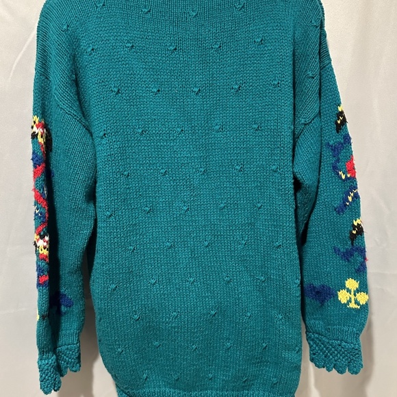 Teal Vegas Sweater Hand Knit Cotton Crochet Cuff Queen King Jack Joker Gambler - Picture 7 of 9